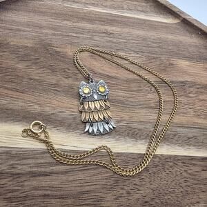 Vintage Owl Pendant Necklace Articulated Gold Silver Tone Boho Folk Art
